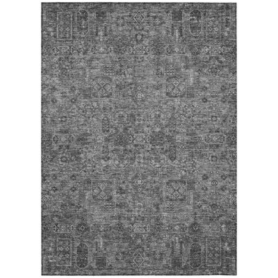 3' X 5' Charcoal And Silver Floral Washable Indoor Outdoor Area Rug