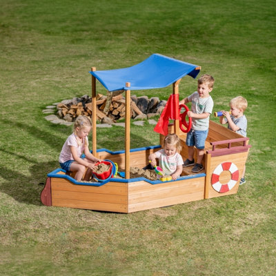 Pirate Ship Wooden Sandbox with Canopy & Storage Bench