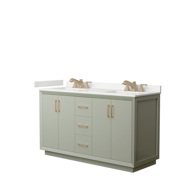 Meuble-lavabo double autoportant 60 po avec plateau en quartz Strada, WDX13302, Vert clair, Bronze satiné