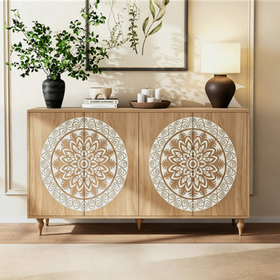 60" 4 Door Carved Sideboard Buffet Cabinet with Turned Wood Legs for Dining Room Entryway Living Room