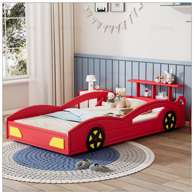 Lit de voiture de course en bois avec rails latéraux et rangement, parfait pour un environnement de sommeil amusant et sécuritaire
