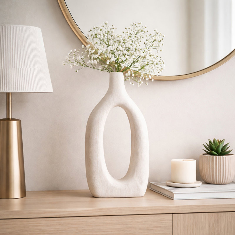 Modern Wood Cut-Out Table Vase for Home Decor - Tall Flower Vase for Shelves, Office Desks, and Kitchen Counter Accent - 14", White