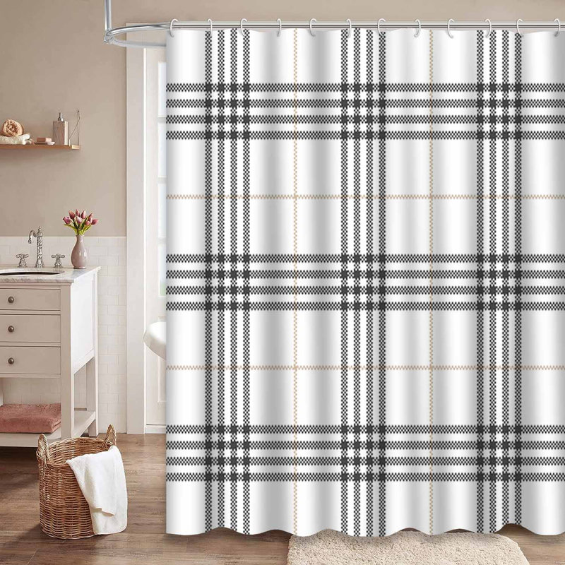 Rideau de douche à motif abstrait écossais gris et blanc avec 12 crochets, 72" L x 78" W