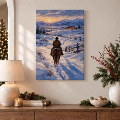 «Cowboy on Horse In Snowy Mountain Sunset», art mural sur toile