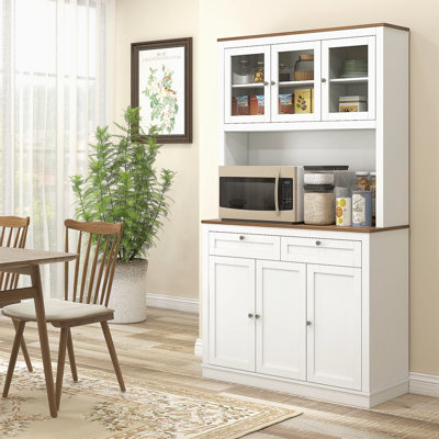 71" Tall Kitchen Pantry Storage Cabinet With Microwave Stand, Freestanding Buffet With Hutch, 2 Drawers, 5 Doors, Adjustable Shelves And Glass Doors F by Winston Porter