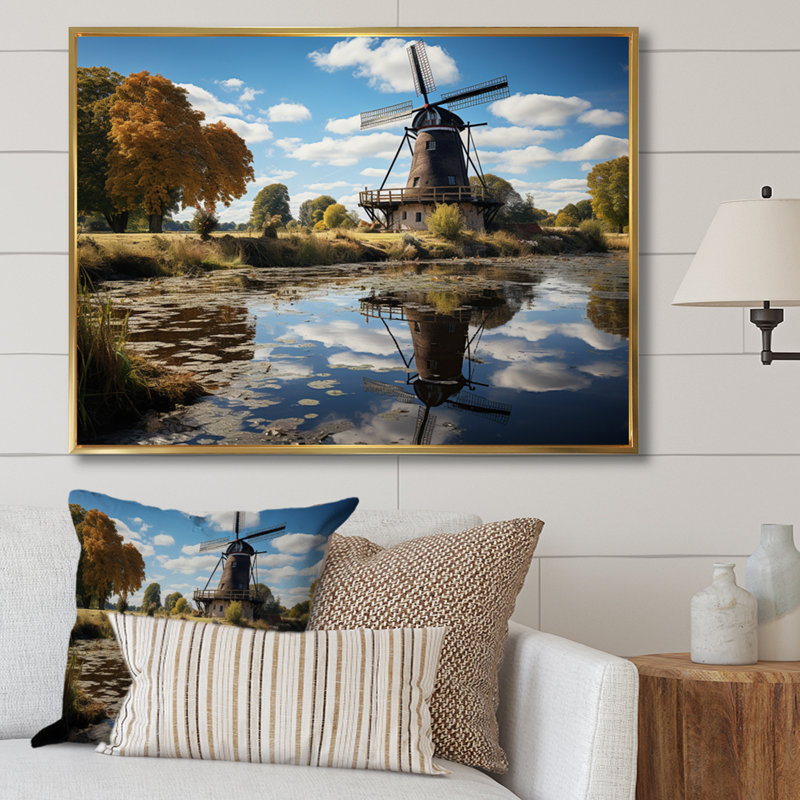 «Holland Windmill Reflections II», reproduction sur toile, H 16 po x l 32 po x P 1 po, Cadre flottant doré