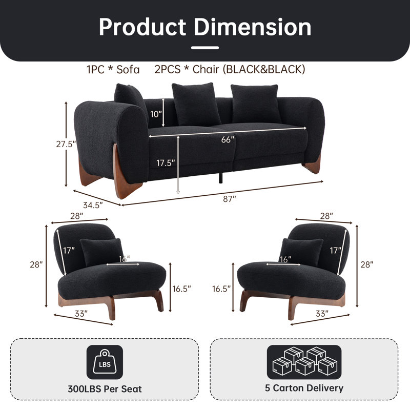 Ensemble de salon moderne rembourré, canapé confortable et fauteuil d'appoint avec coussins pour le salon, appartement, Noir