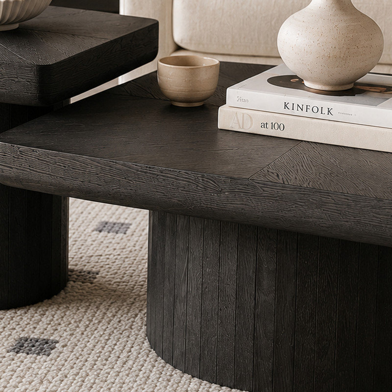 Ensemble de tables basses 2 pièces avec piédestal cylindrique et cannelé Modern, Noir