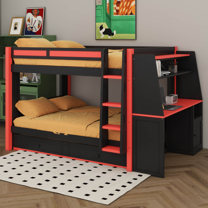 Lit superposé multifonctionnel avec bureau, lumières et tiroirs à DEL, cadre de lit superposé en bois avec tablettes de rangement