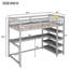 Lit mezzanine simple avec tablettes de rangement et bureau, gris et bois massif-1605930941-1605930938