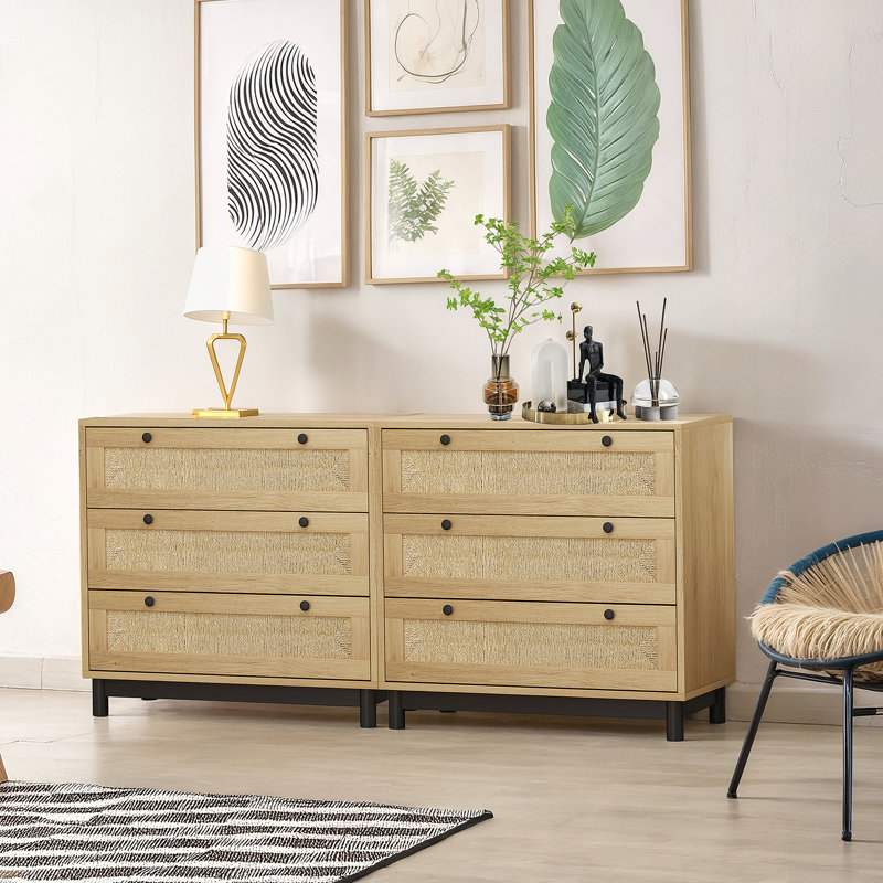 Commode de rangement moderne en corde tissée pour chambre à coucher, salon (ensemble de 2), Chêne