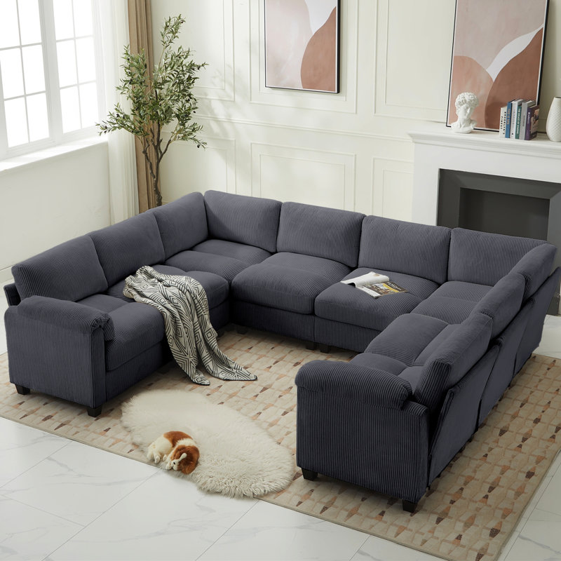 8-Piece Upholstered U Shaped Corduroy Sectional, Warmth Dark Gray Corduroy