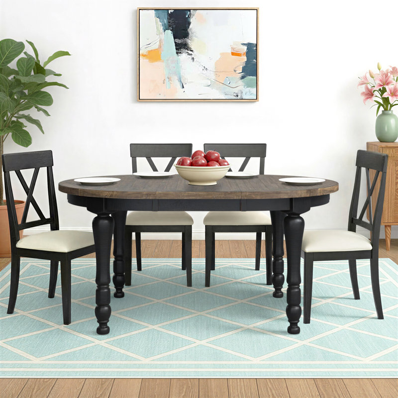 Karley Extendable Pine Round Solid Wood Top Dining Table, Vintage Black