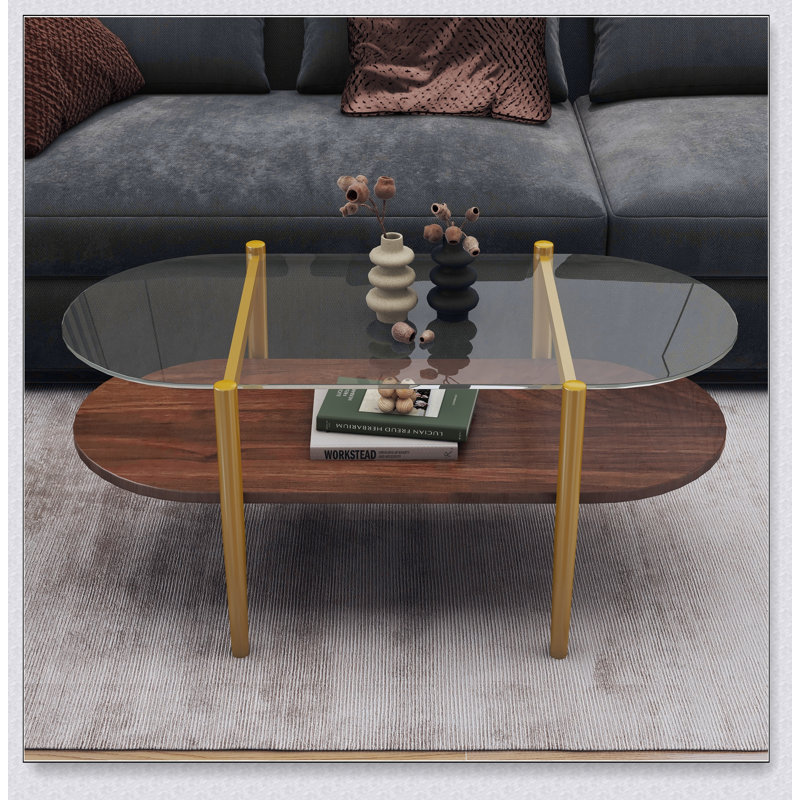 Table basse ovale en verre de forme moderne au design médiéval, Noyer / doré