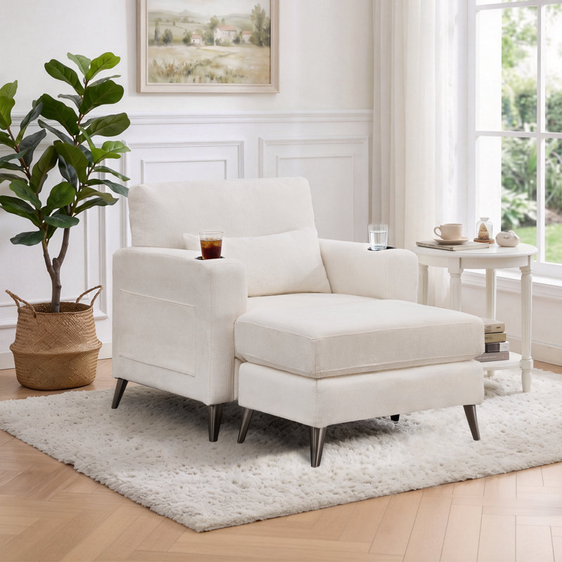 Ensemble canapé une place et pouf rembourrés avec porte-gobelets, Chenille beige