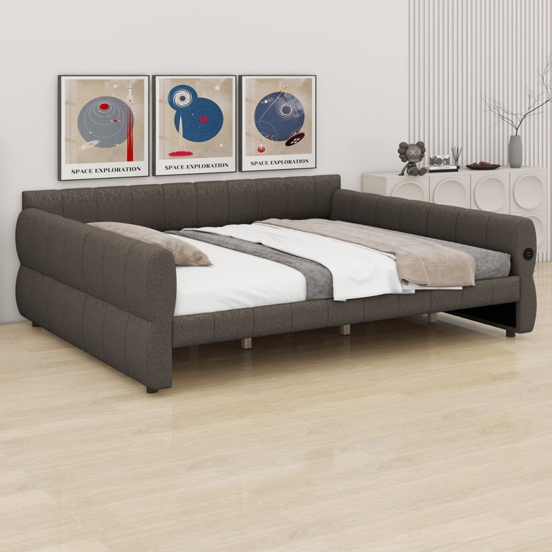 Sturdy Upholstered Platform Bed Frame with USB Charging, Gray