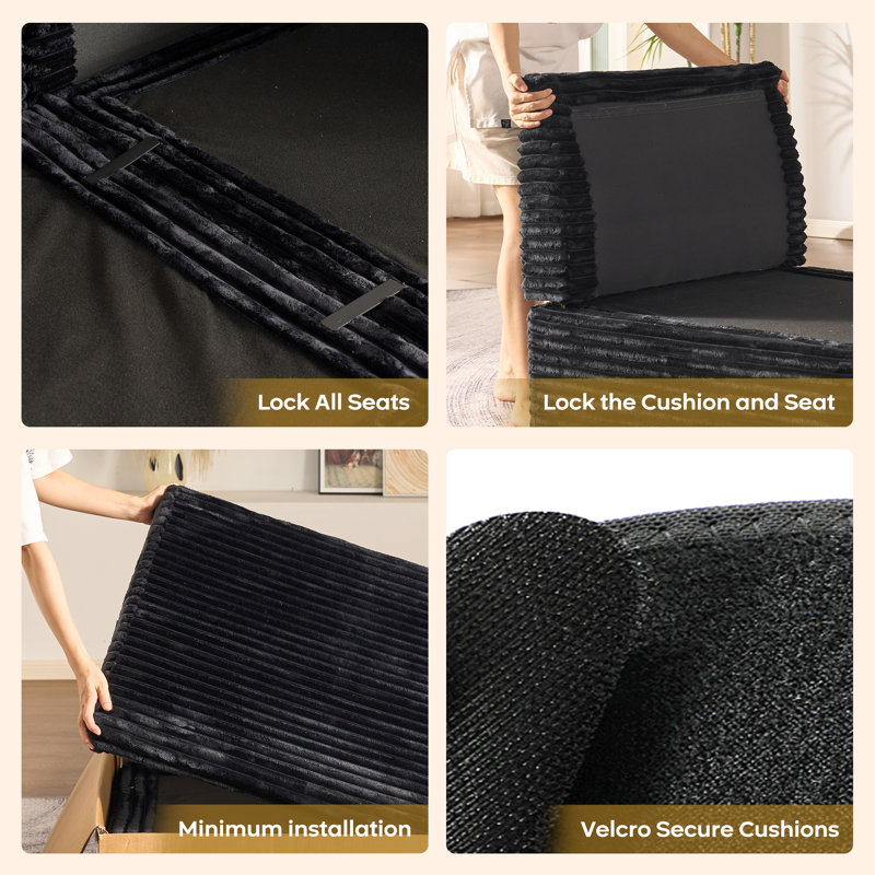 Corduroy 115.9" Module Sofa Seating Six, Corner Sectional with Ottoman,Can Be Free Combination, Black