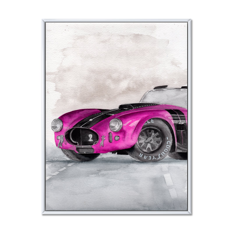 «Beautiful Old Magenta Car on Grey», peinture sur toile, H 20 po x l 12 po x P 1 po, Cadre flottant blanc