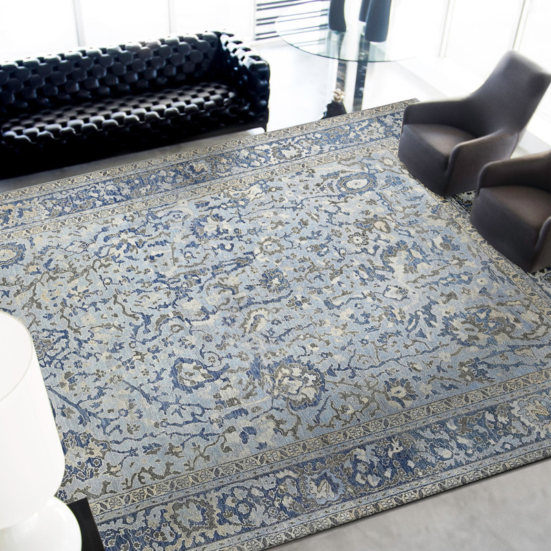 Hand Knotted Wool Area Rug in Light Blue And Blue, Rectangle 9' x 12'