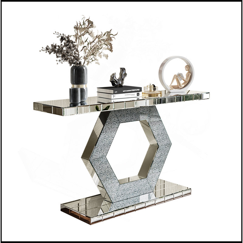 Miroir d'entrée hexagonal en cristal Sparkling - Console de vestibule moderne haut de gamme avec effets en verre de diamant, table de luxe à deux niveaux