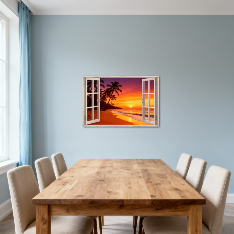 Paysage, nature, coucher de soleil tropical, plage, palmiers, océan, ciel, fenêtre, vue, H 20 po x l 30 po