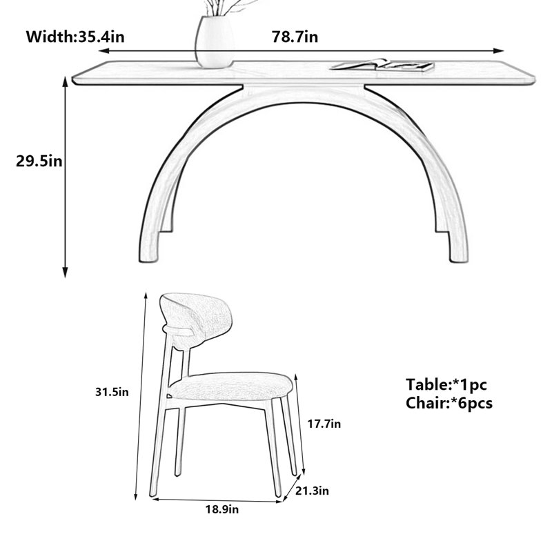 Table de salle à manger Nordic Modern, bois de frêne blanc et roche mate, H 29,5 po x L 78,7 po x l 35,4 po