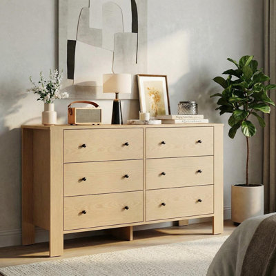 Commode 6 tiroirs avec pieds de planche 50,0 po x 15,5 po x 28,3 po, grande armoire étroite pour le salon, le couloir et le placard, bois d'ingénierie, jaune amande