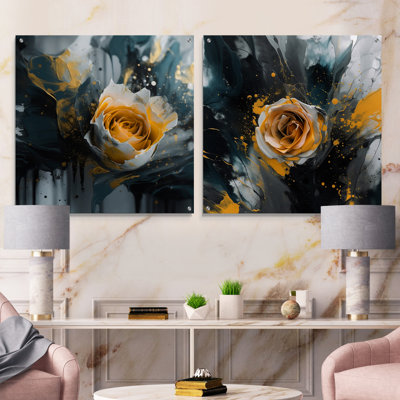 «Yellow Rosefloral Tapisserie I» - ensemble d'art mural en verre acrylique rose sur 2