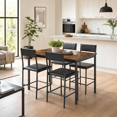 Ensemble de table de salle à manger 4 pièces - Structure rectangulaire en métal, chaises rembourrées en similicuir, compacte pour les petites salles à manger ou les cuisines - Robuste, facile à entretenir - noir et plateau de table brun