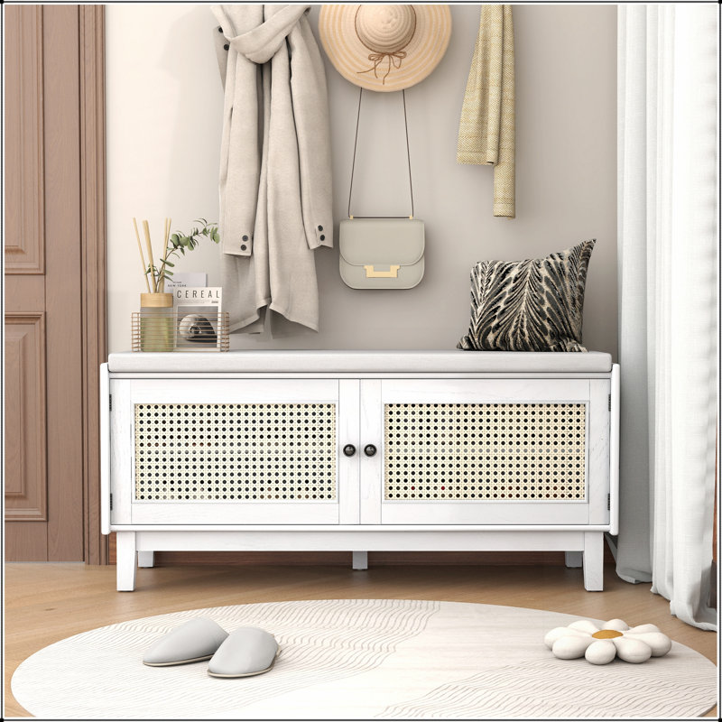 Banc d'entrée en rotin avec rangement Boho, Blanc