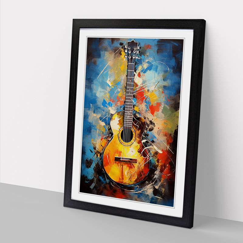 XYZ-FRM-V1223-1746 Acoustic Guitar Action Painting - Single Picture Frame Print on Wood, 34cm H x 25cm W x 2cm D, Black