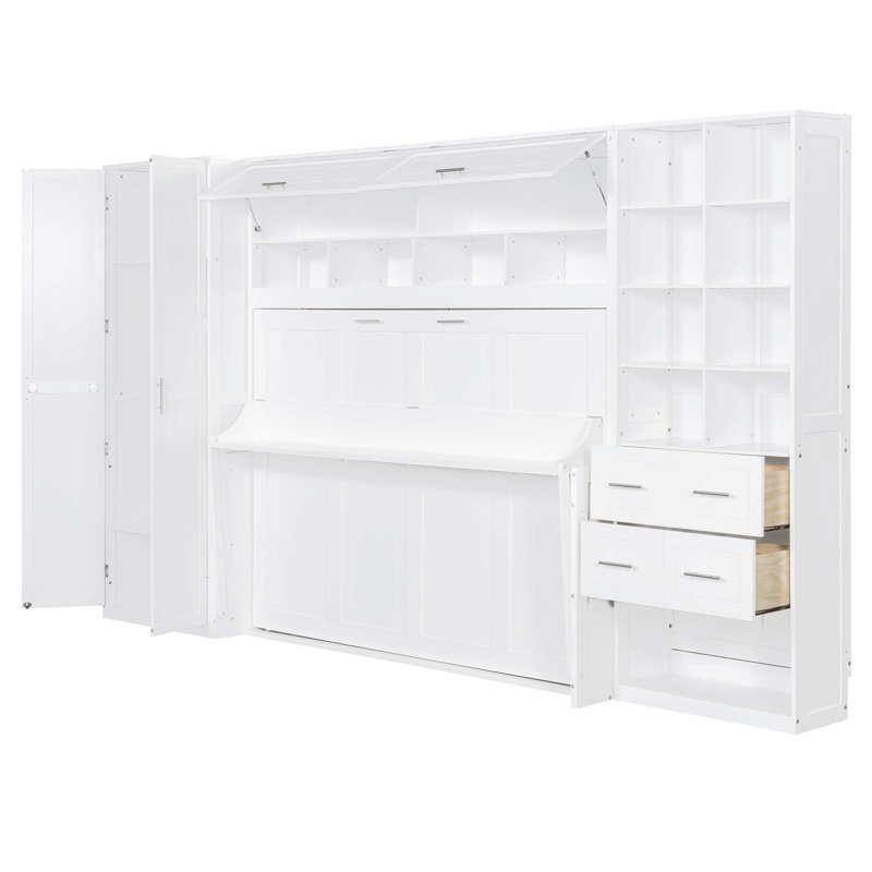 Lit escamotable moderne avec placard, tiroirs et tablettes, Lit double, Blanc