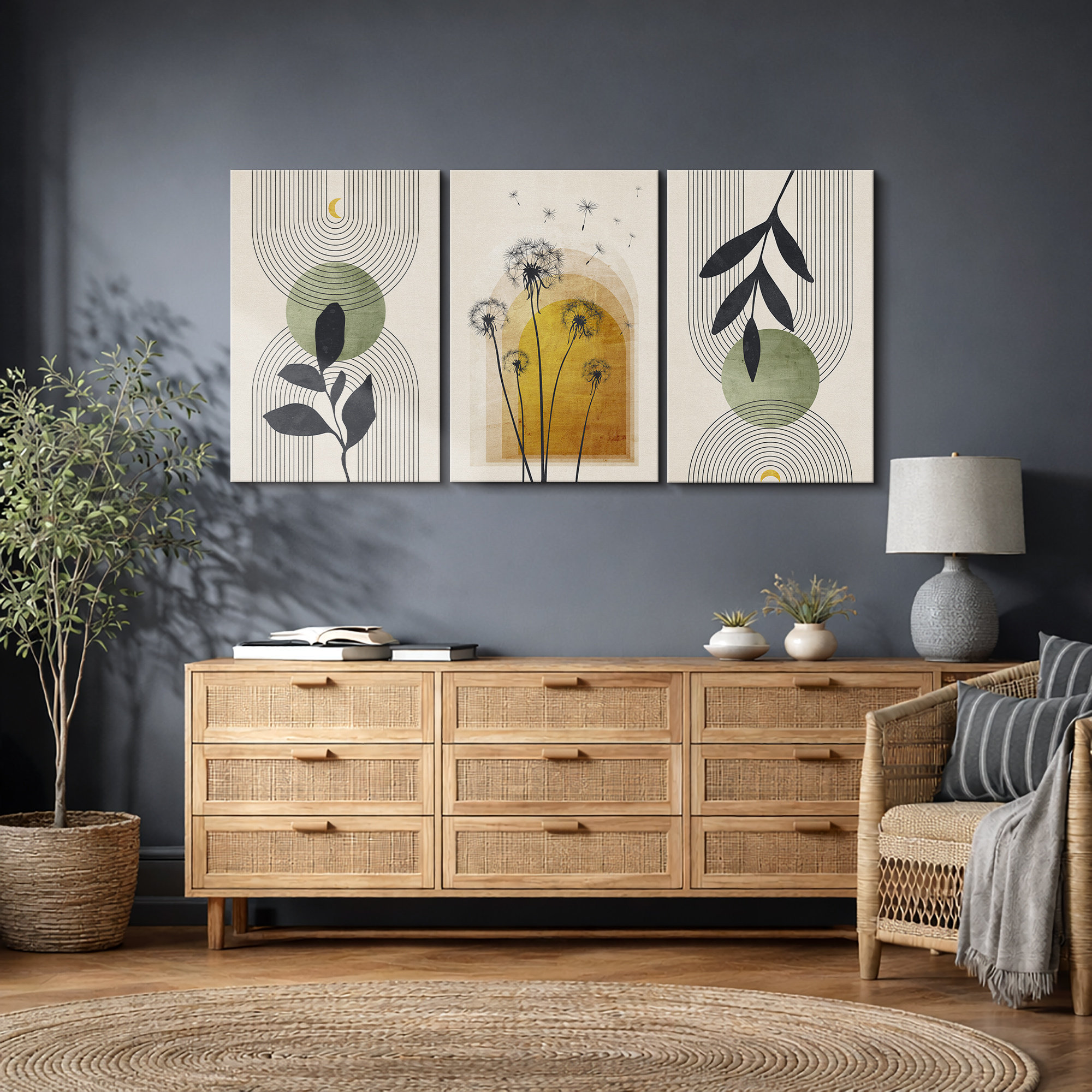 Mid Century Modern Yellow Green Abstr...