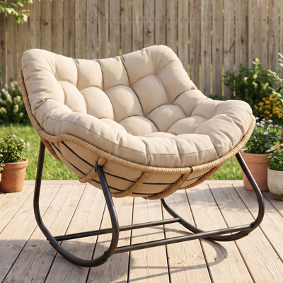 Fauteuil à bascule Papasan d'intérieur et d'extérieur, grand fauteuil œuf avec coussin épais, structure en rotin résistant aux intempéries, fauteuil lounge confortable, grand fauteuil inclinable ergonomique pour salon, véranda ou jardin, beige