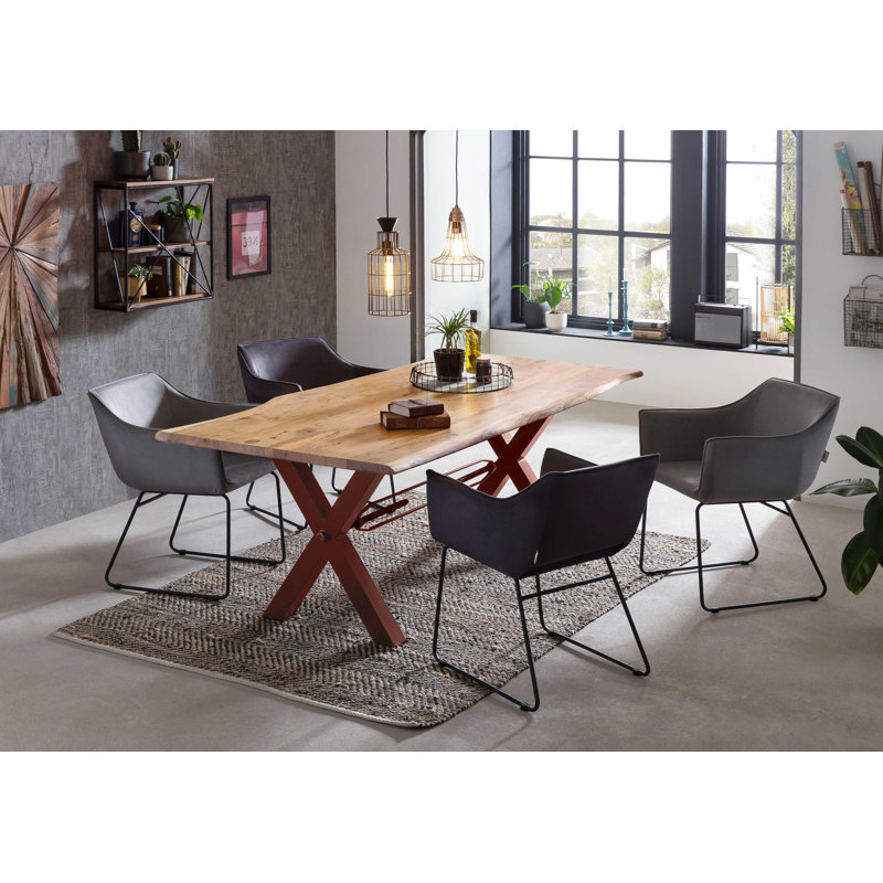 Nakke Acacia Rectangular Wood Top Dining Table with Steel Base, Brown