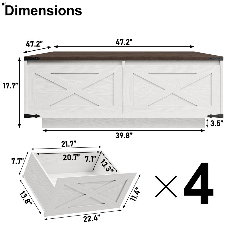 Grande table basse 43 po avec 4 tiroirs de rangement, White and Brown
