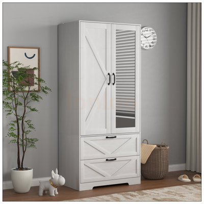 Armoire 2 portes en bois avec tringle, 2 tiroirs, lumière à induction et miroir pour le rangement de la chambre à coucher