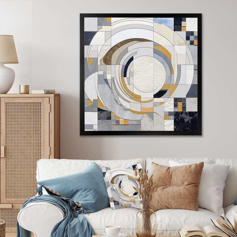 Gris et jaune mosaïque III - formes abstraites, art mural pour le salon, H 16 po x l 16 po x P 1 po, Cadre simple noir
