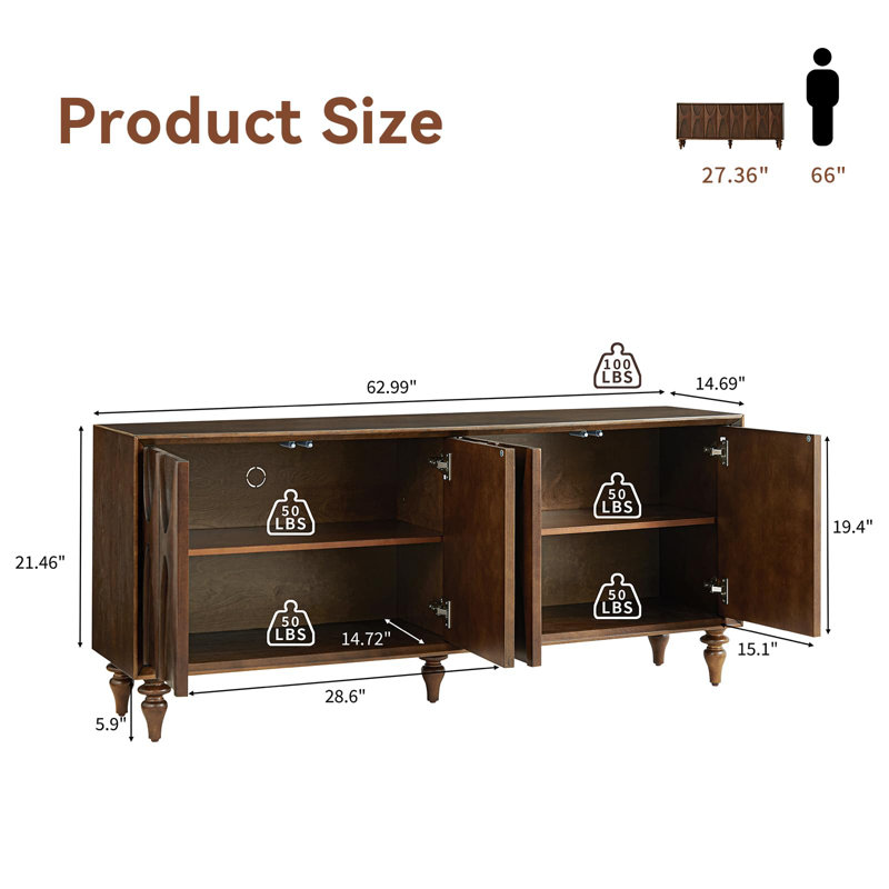 Solid Wood Fluted Buffet Cabinet with 4 Doors, Walnut Finish, Walnut