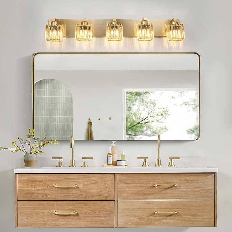Luminaire pour meuble-lavabo de salle de bain Modern Gold Crystal, Doré, H 6,3 po x l 35,43 po x P 6,3 po, 5 lumières