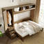 Lit escamotable double avec garde-robe, tiroirs et tablettes ouvertes, bois antique