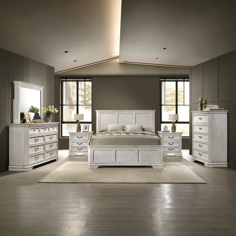 Ailany 6 Piece Bedroom Set, King, Antique White, 6 Pcs: Bed, 2 Nightstands, Dresser, Mirror, Chest