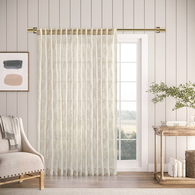Roodhouse Premium Leaf Embroidered Semi-Sheer Rod Pocket Double Wide Patio Curtain Panel, Oatmeal