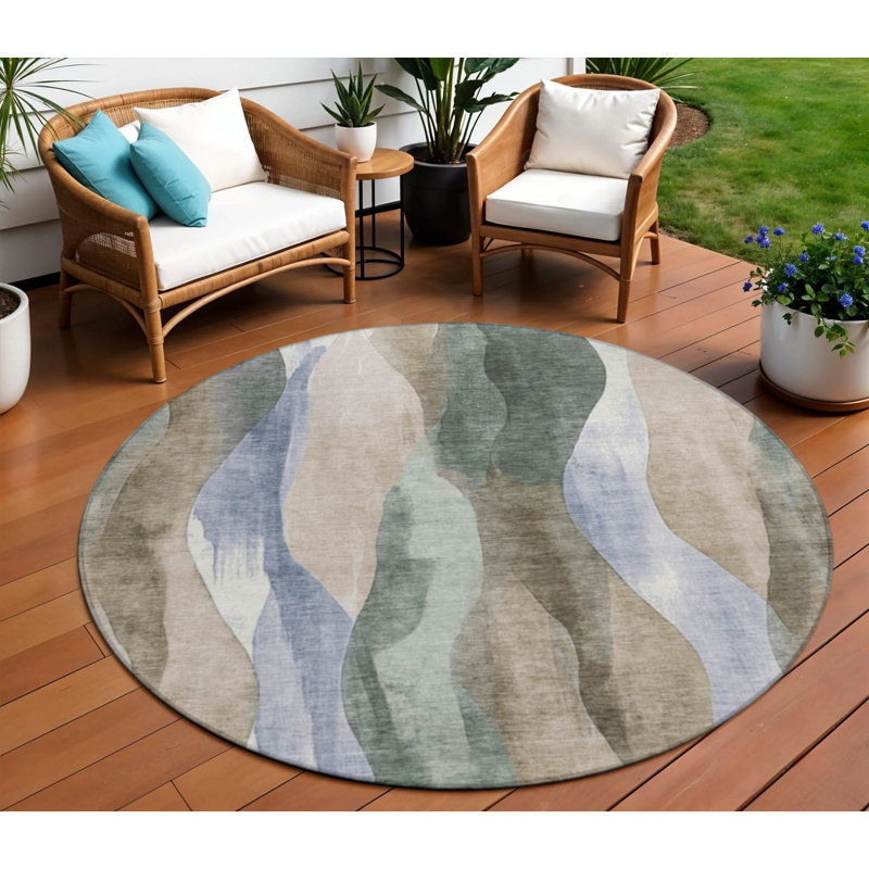 Tapis extérieur rond lavable abstrait bleu 8 po beige et denim