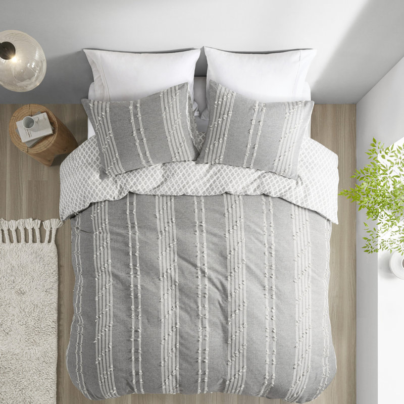 3 housse de couette très grand / très grand - coton, fond gris avec imprimé, boutonné, attaché en coin, réversible, lavable à la machine, 100% coton, 3 bandes de literie, fermeture à boutons, attaches intérieures,