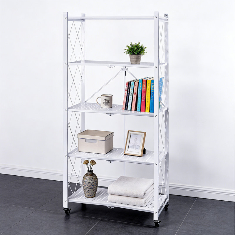 4 Tier Folding Shelf on Wheels (White)