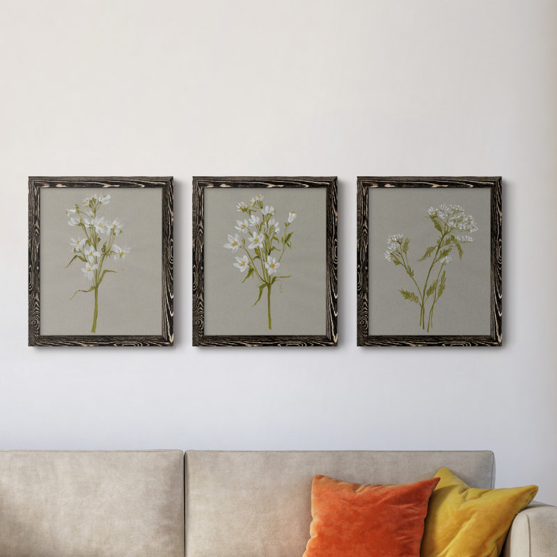 «White Field Flowers I», ensemble de 3 peintures sur toile encadrées, Toile avec cadre noir, H 24 po x l 36 po x P 1,5 po