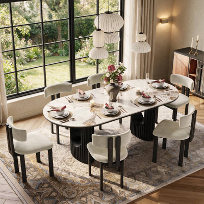 79" Mid-Century Modern Oval Dining Table For 8, Pandora Scratch-Resistant Glossy Sintered Stone Top & Walnut Fluted Pedestal Base, Easy-To-Clean Kitchen Table, Fluted Dining Table, Japandi Dining Table