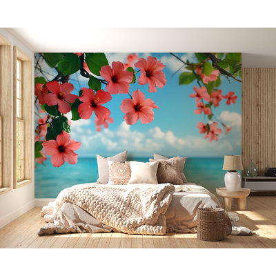 Papier peint hibiscus tropical - Papier peint floral plage rose - Papier peint floral 3D pour le salon de la chambre à coucher