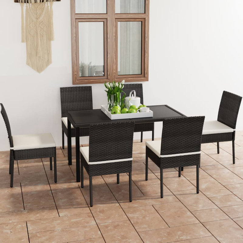 Elmsall 6 - Person Patio Dining Set with Rectangular Table , Cushions Included, 73cm H x 140cm L x 70cm W, Cream, Black